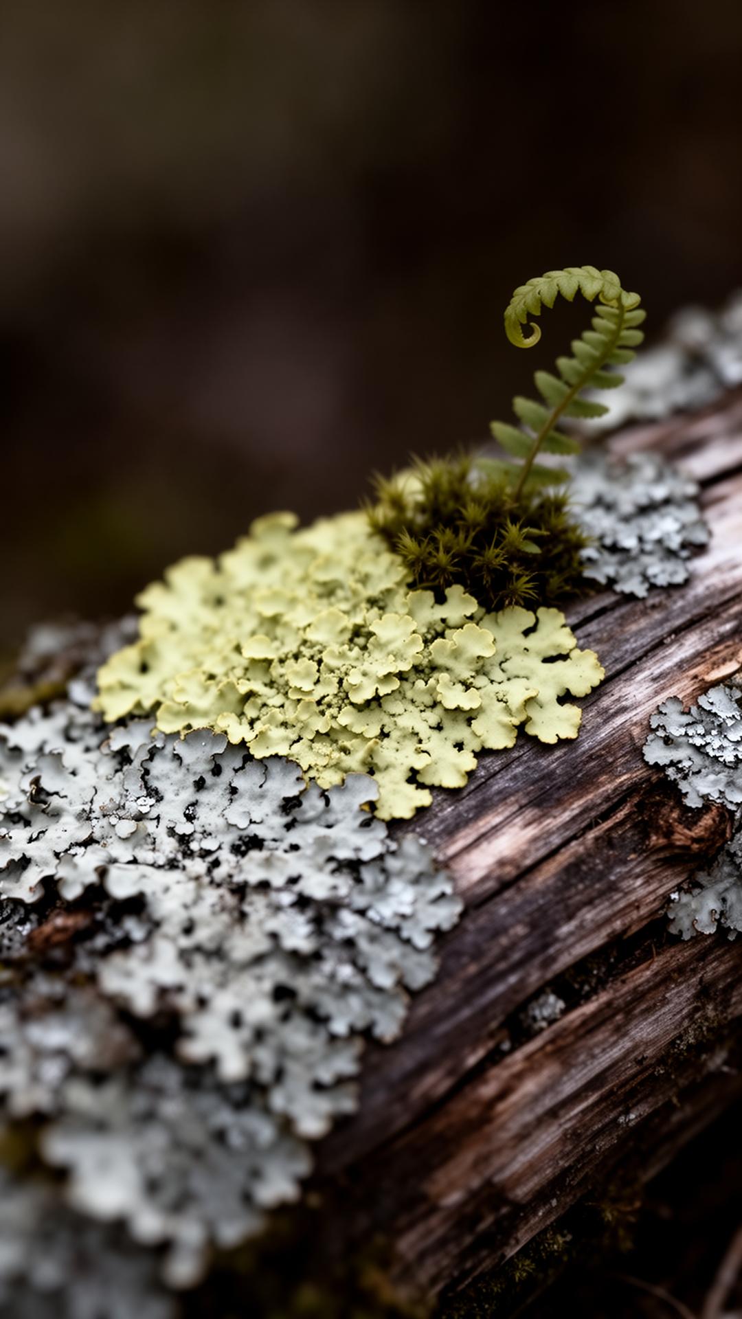 Macro view of pale lichen and a young fern frond growing on weathered driftwood