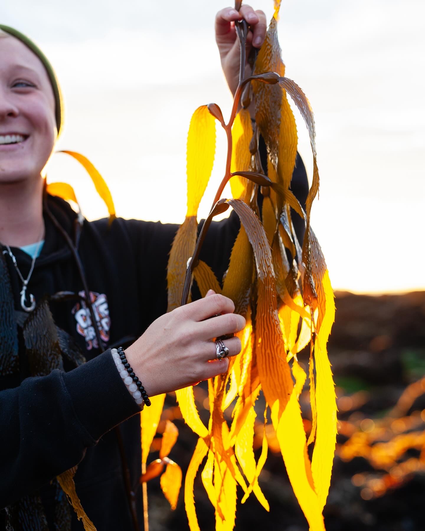 Jules Marsh holding a frond of bull kelp on the Salish Sea shore